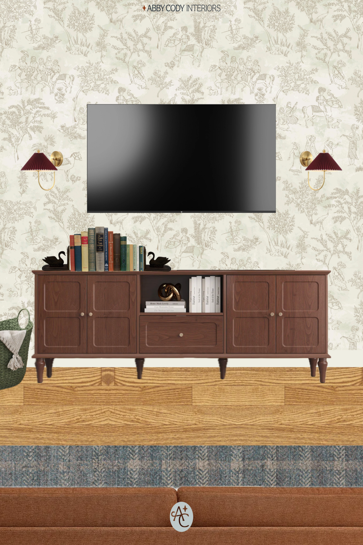 wayfair media console storage, renter friendly peel and stick wallpaper, swan bookends, maroon wall sconces, frame tv