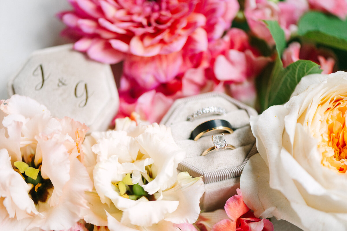 wedding bands in ring box with flowers