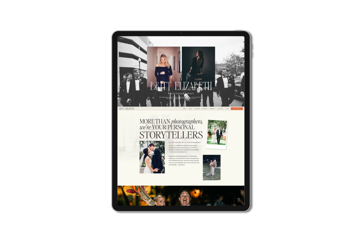 A tablet displaying a beautifully crafted Showit website with various sections, including a header featuring people in formal attire, promotional text about photography services, and stunning images of couples at a wedding—perfectly curated by a top Showit website designer.