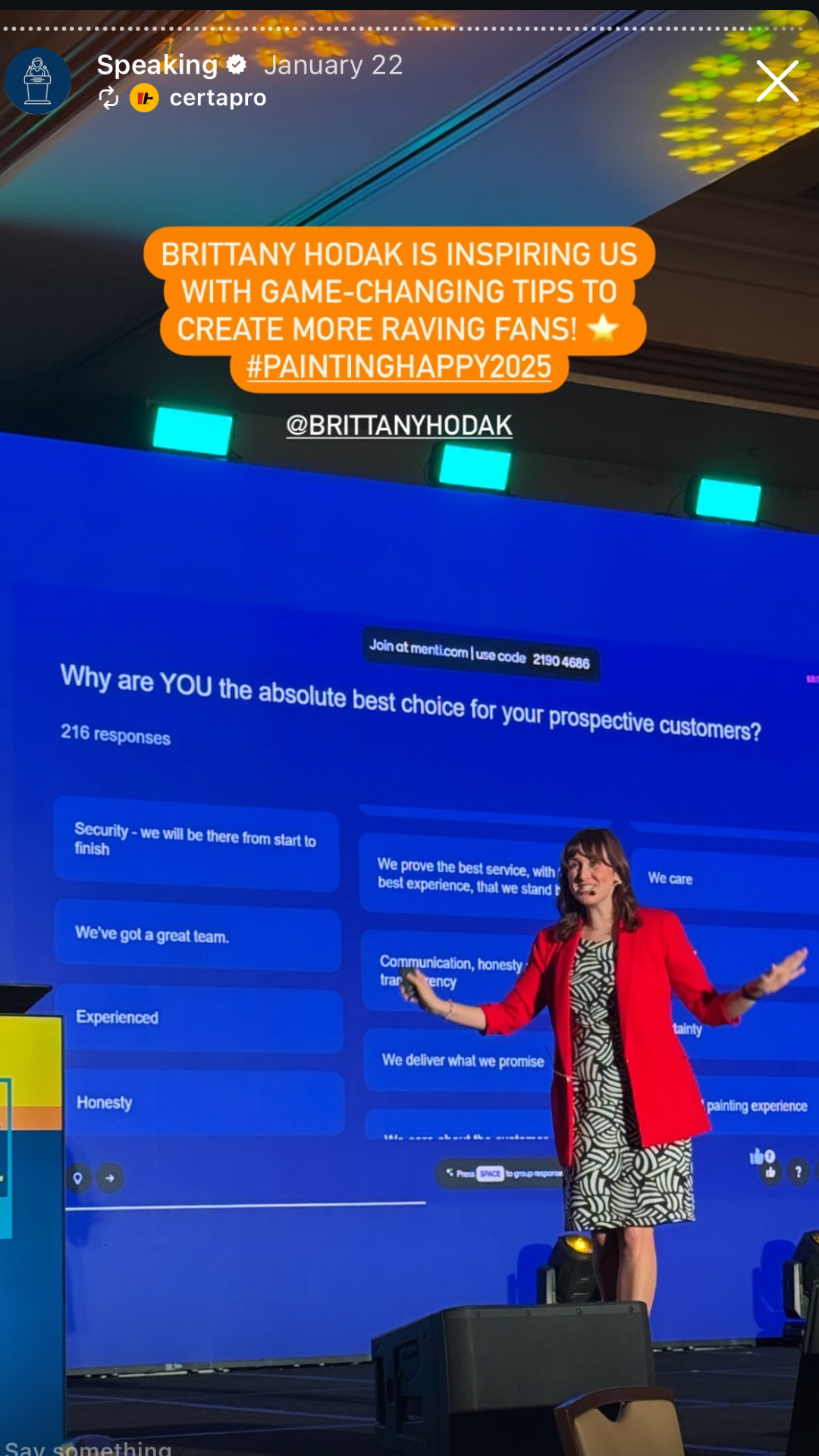 instagram story from CertaPro claiming "Brittany Hodak is inspiring us with game-changing tips to create more raving fans!"