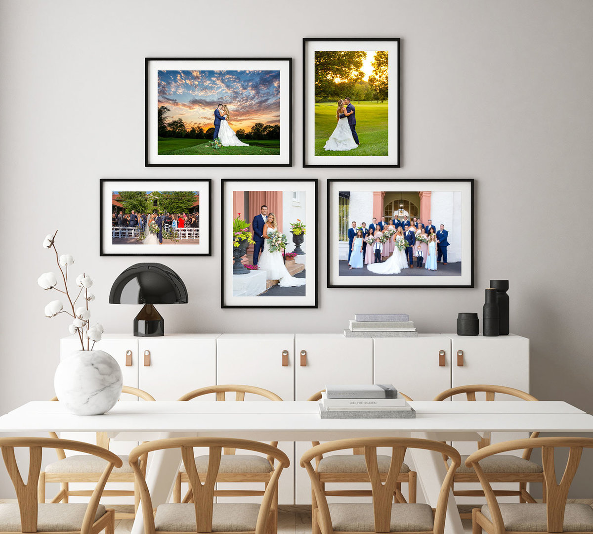 A collection of 5 images on a wall in a dinning area.