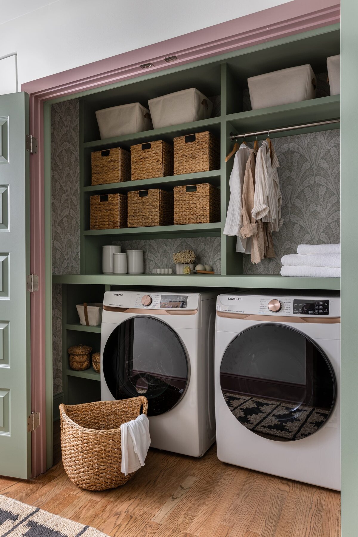 melinda chesson interiors murrayhill road sage green laundry room botanical wallpaper