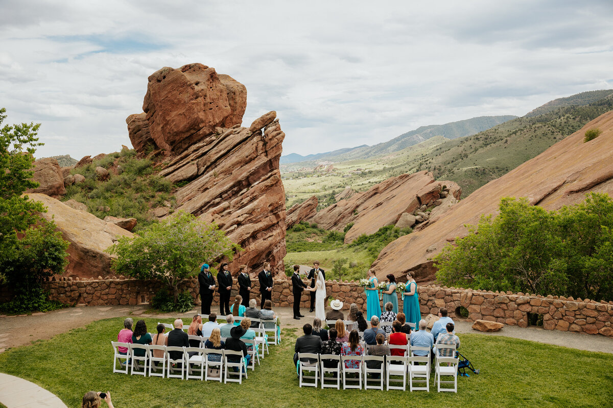 A wide show of a wedding ceremony at Red Rocks Trading Post.