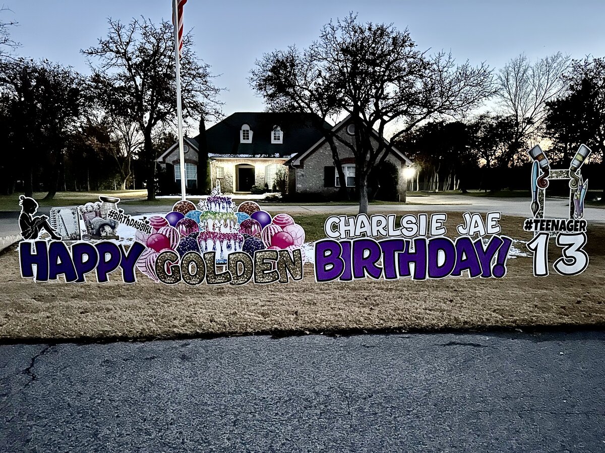 Custom birthday yard sign setup in Edmond, Oklahoma. Simply Sign It is a yard greeting rental company servicing Edmond, NW OKC, Piedmont, and Deer Creek. Order a yard greeting for birthdays, graduation, anniversary, back-to-school, and birth announcements. Design features  glitter, books, and art.