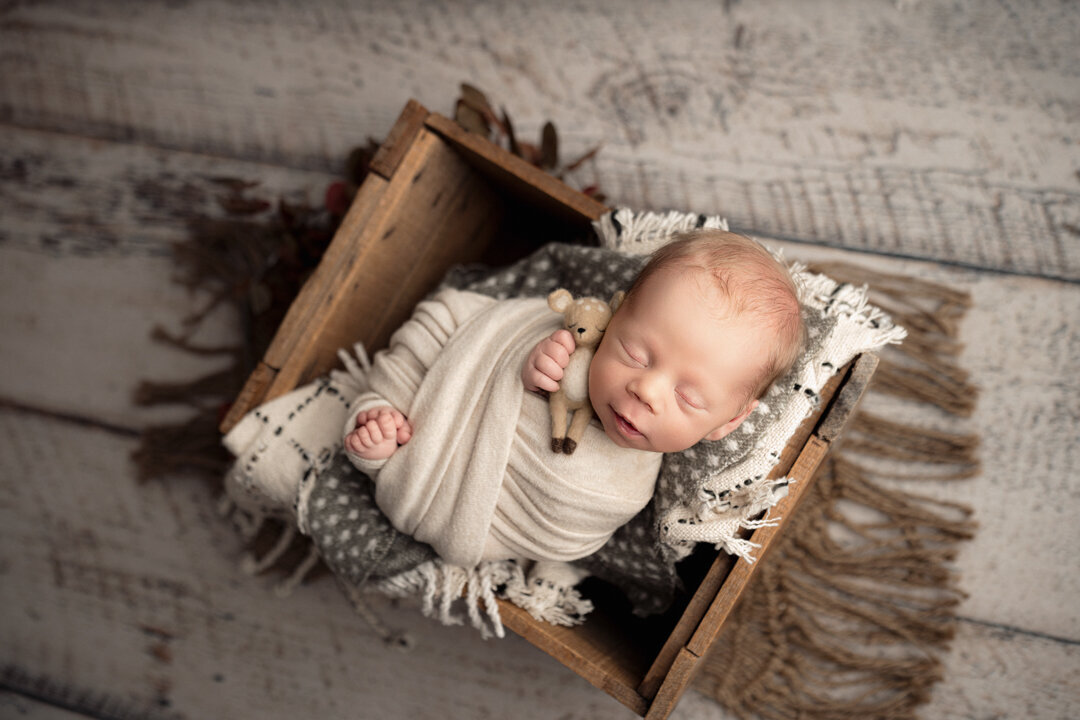 Grand Rapids Newborn Photography Baby wrapped in box by For the Love of Photography