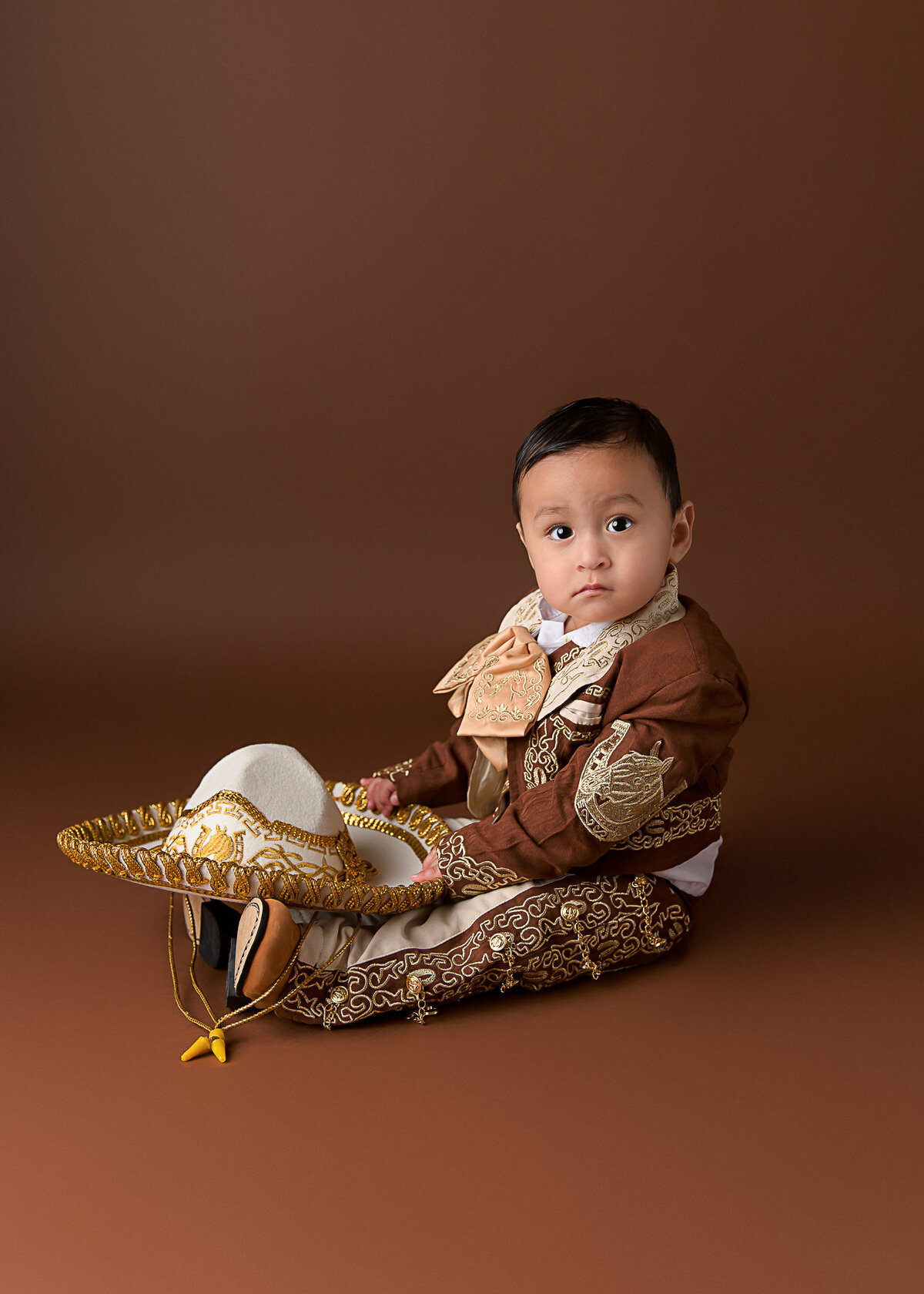One Year Old Portraits in Traditional Mariachi Churro Outfit in Studio Virginia Beach VA