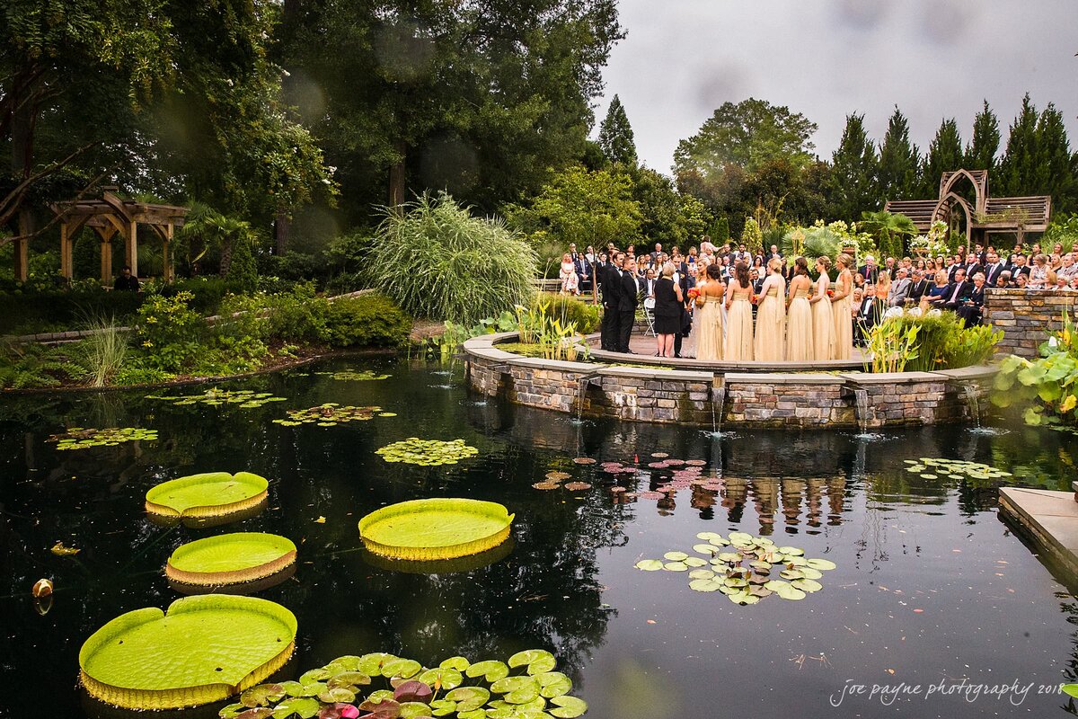 View from behind of a wedding in front of a pond.