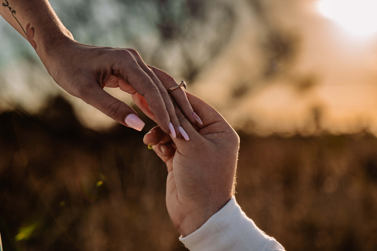 A man and woman hold hands in a sunlit field, symbolizing love and connection amidst nature's beauty. - photo by Jamie Simmons