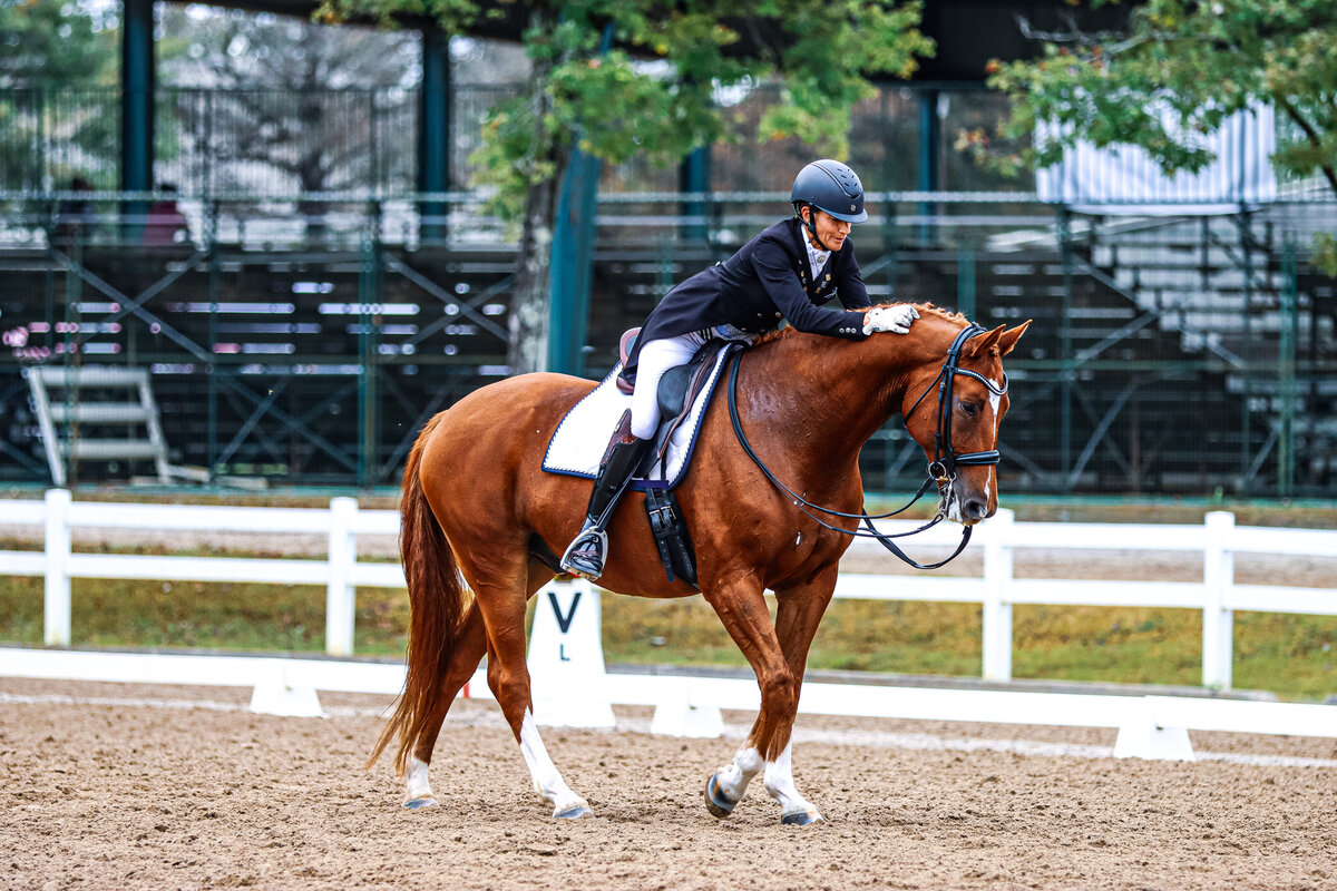 A rider patting her chestnut horse after a dressage test at the Region 3 Championships in Georgia.