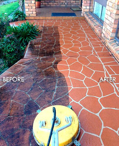 Before and after of concrete, pavers and sealing.