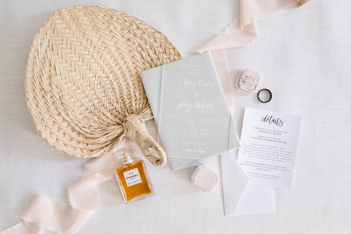 perfume, ribbon, invitation, and other bridal items