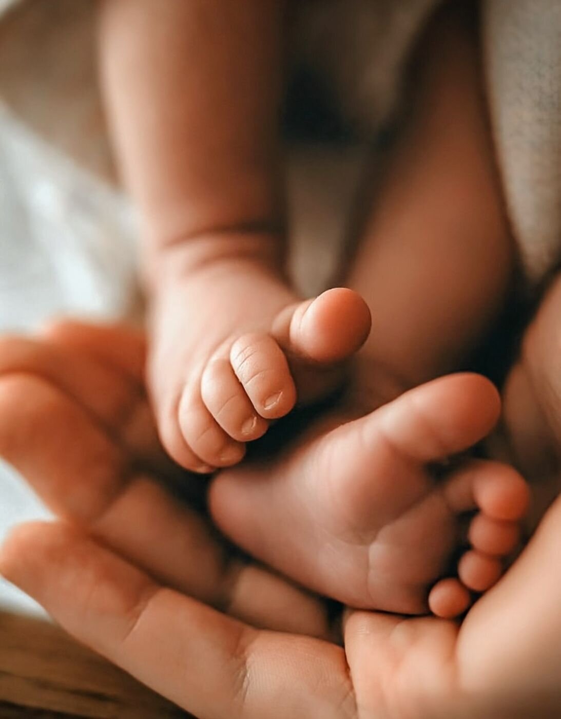 Detailopname van de delicate voetjes van een pasgeboren baby, vastgehouden door een volwassene.