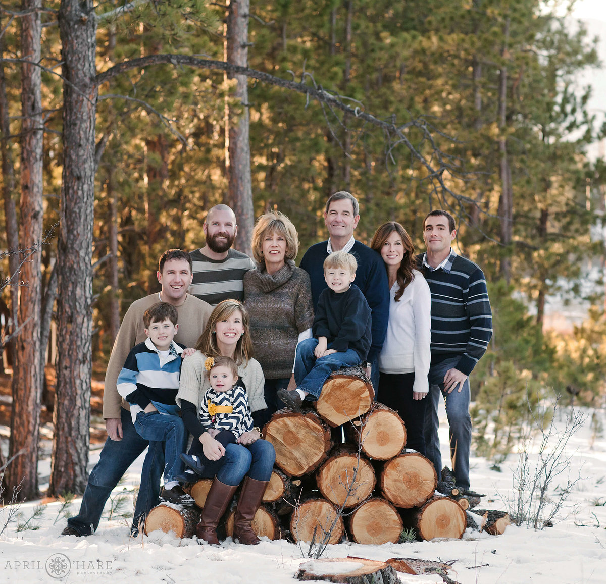 Winter Family Photography in Colorado on a log wood pile