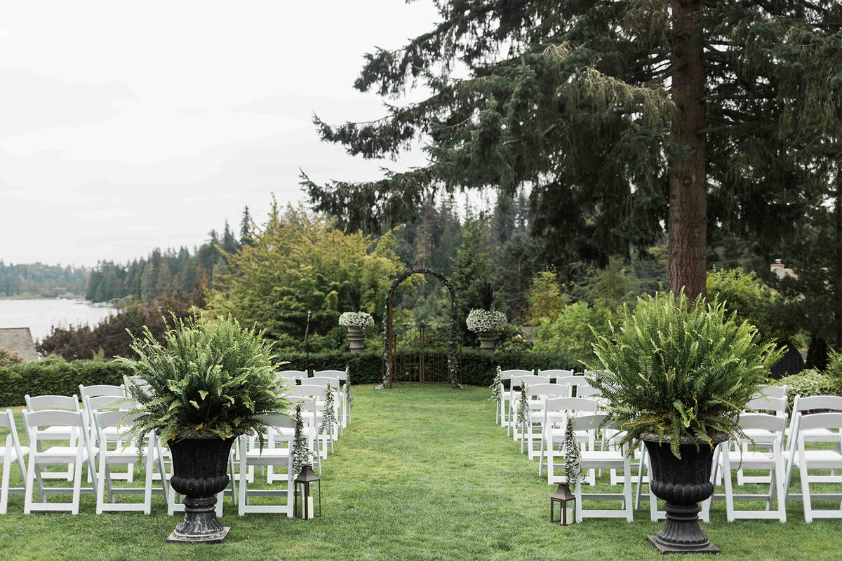 Ceremony setup at Snohomish Wedding Venue Green Gates at Flowing Lake