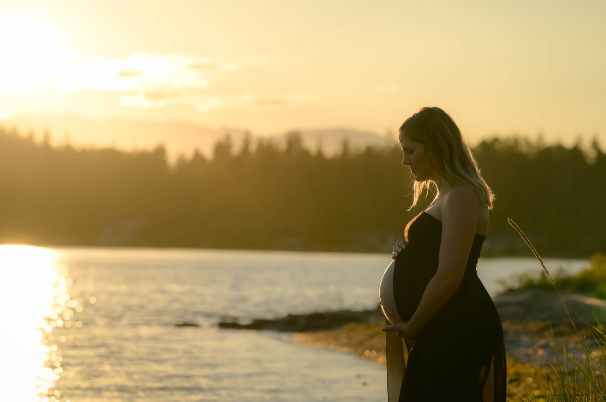 Silhouette of mom to be in a black sheer gown standing on a beach at sunset. Photographed by E. Benecki Photography