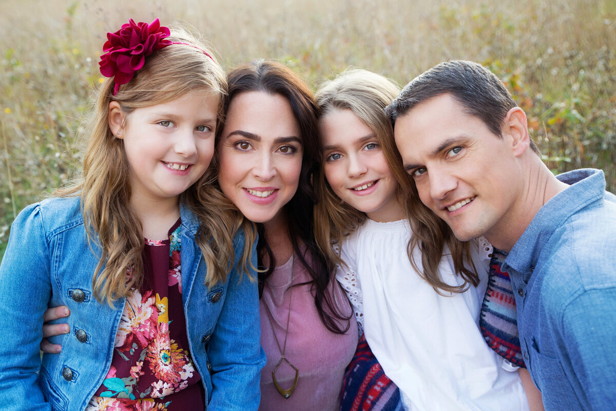 Close up family portrait in Pittsford, NY at Mendon Ponds park