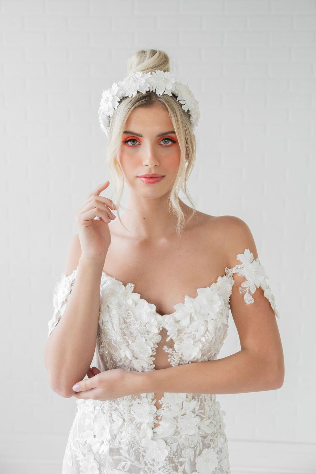 White floral headband by Blair Nadeau Bridal Adornments, romantic and modern wedding jewelry based in Brampton.  Featured on the Brontë Bride Vendor Guide.