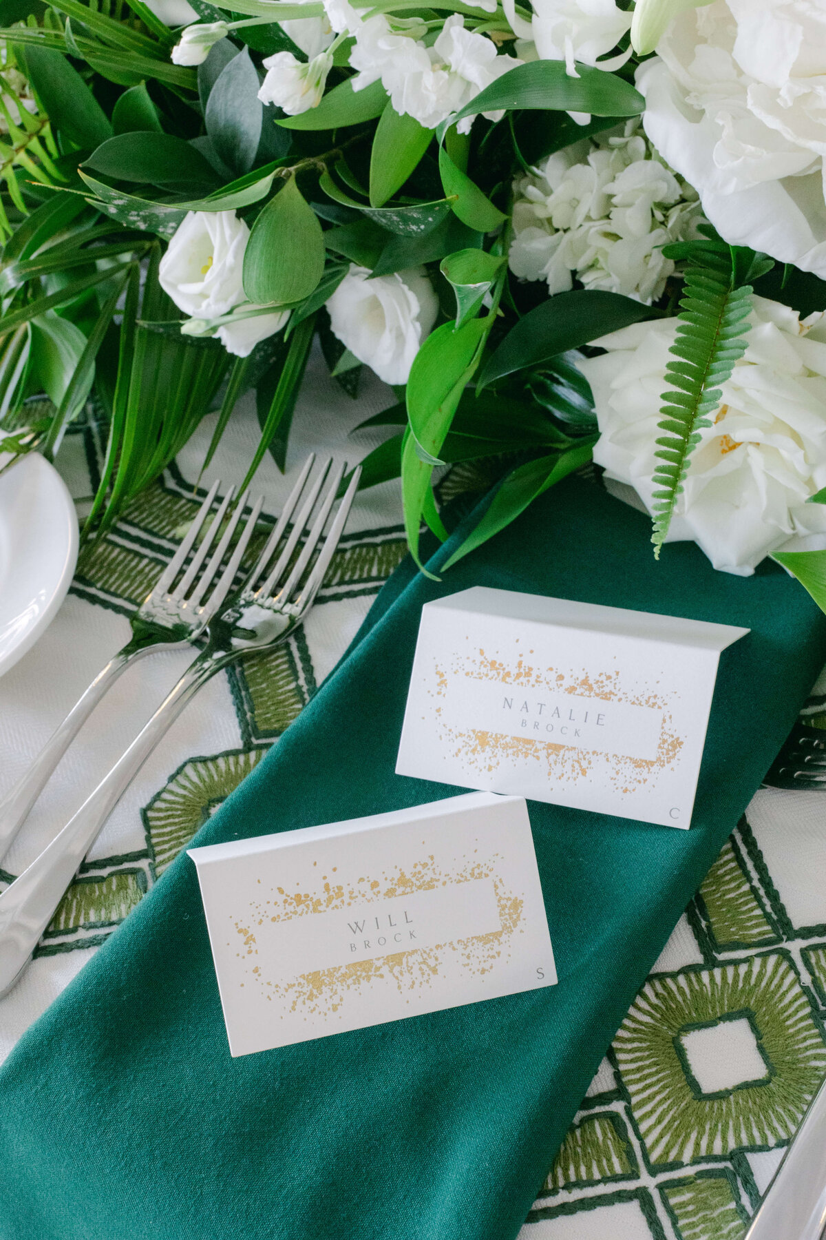 Name cards sitting on a green banner.