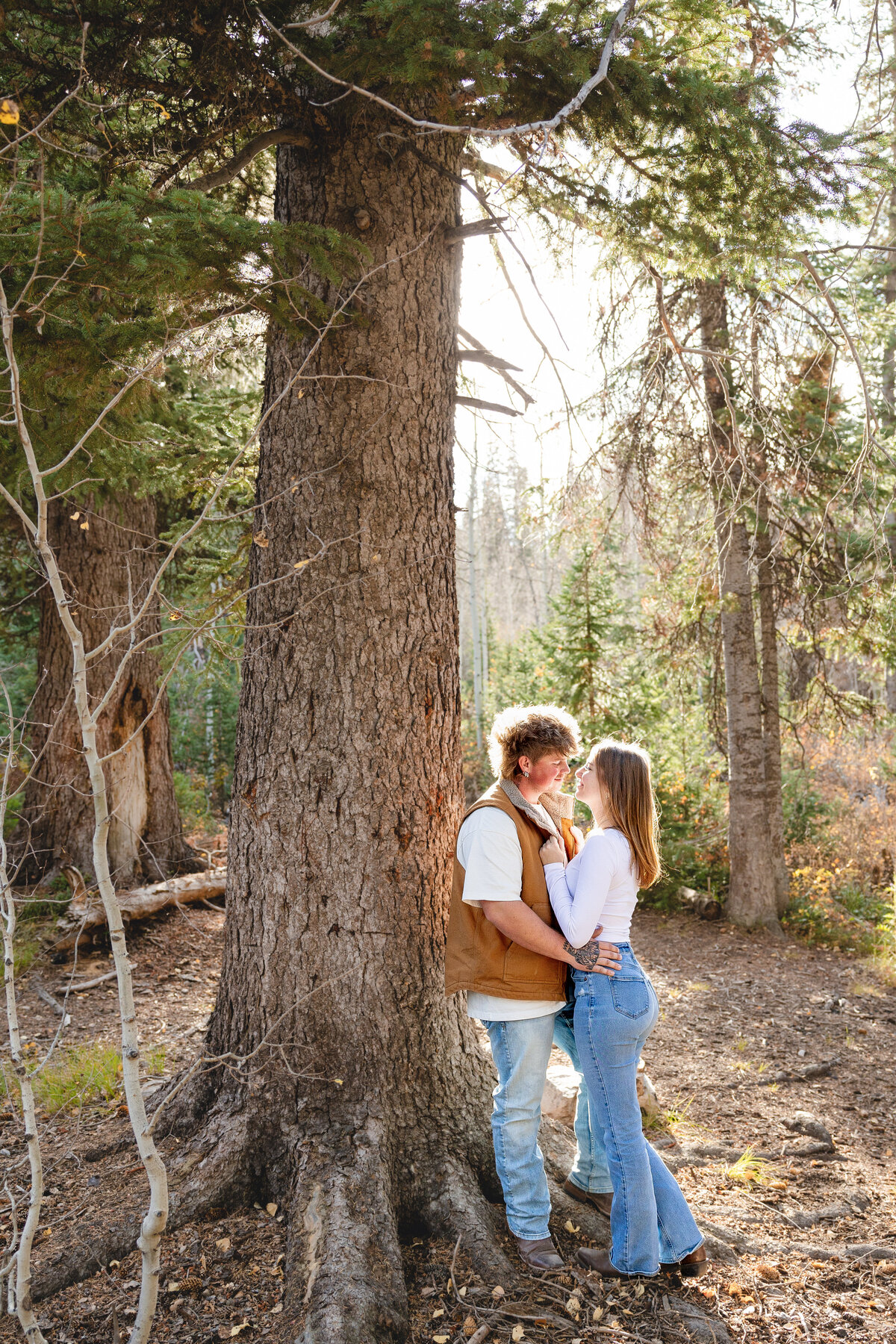 A couple stands closely under a large pine tree, gazing into each other’s eyes and sharing an intimate moment in a sun-dappled forest clearing.
