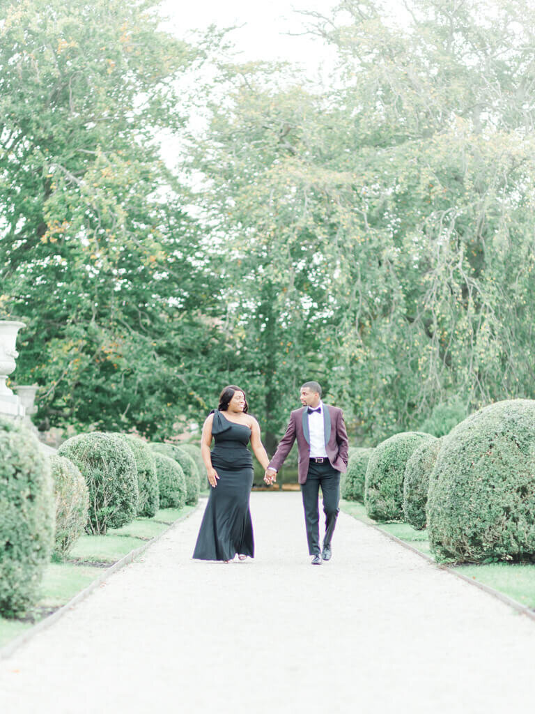 black couple taking engagement photos at the Elms mansion in Newport (1)