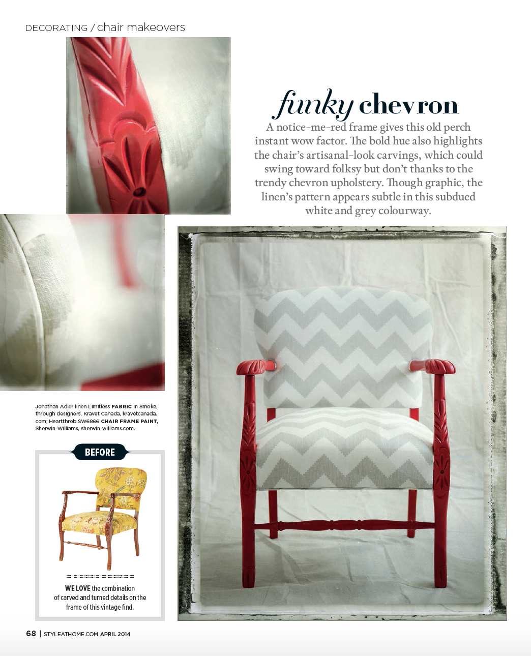 Vintage chair with painted frame and reupholstered in chevron fabric featured in Style At Home Magazine