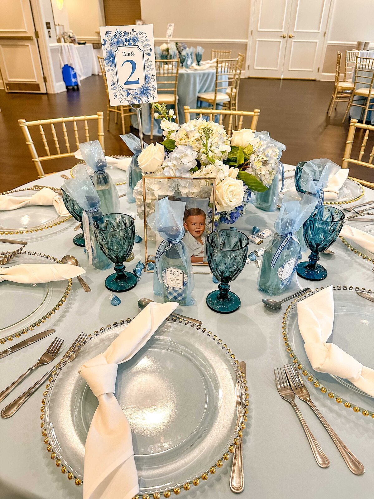 Blue tablescape at baby shower