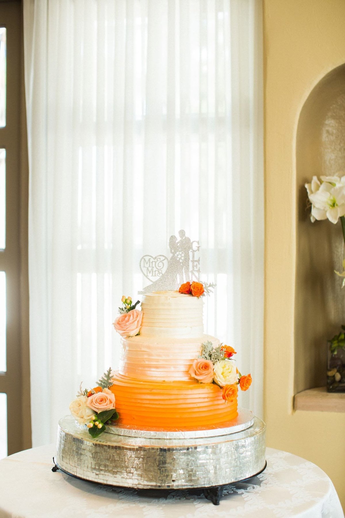 Beautiful Orange fading to White 3-tiered wedding cake