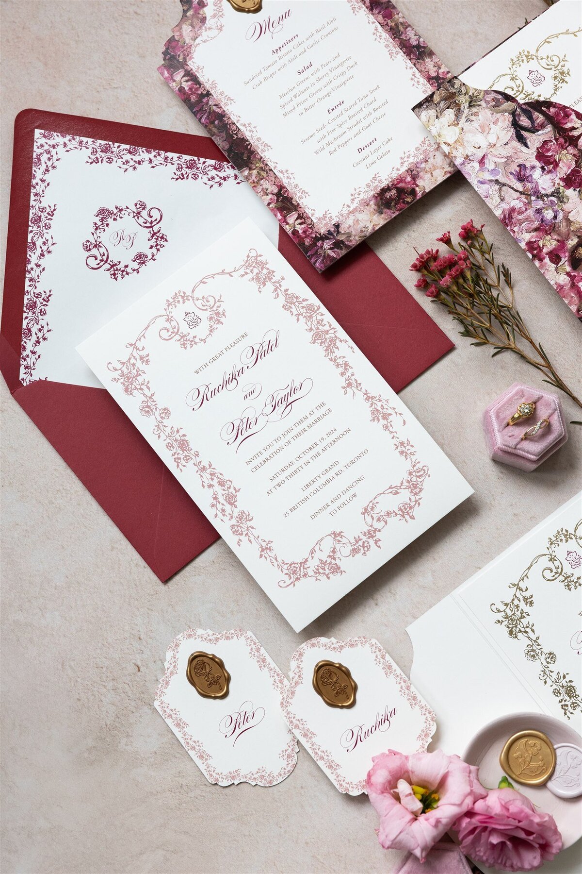 G Designers Burgundy Gold Foil Wedding Invitation 7