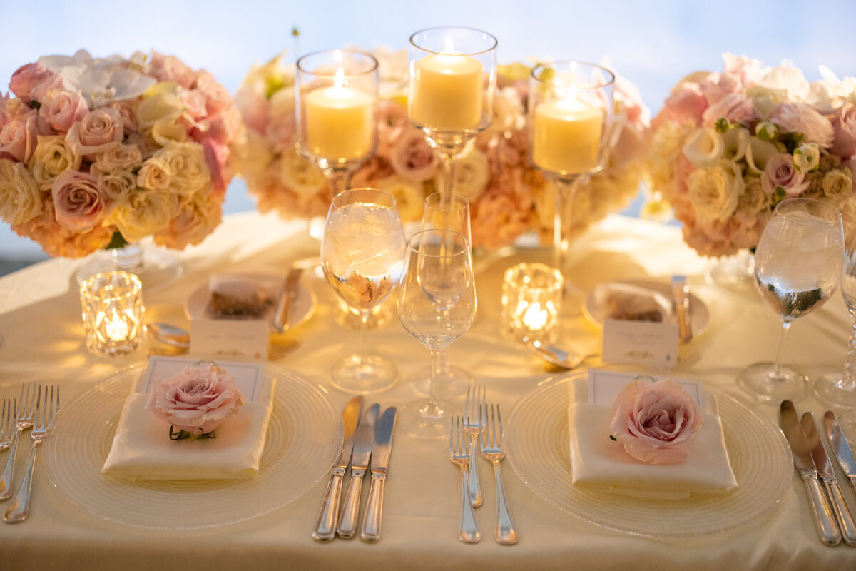 sweetheart table decor with florals and candles