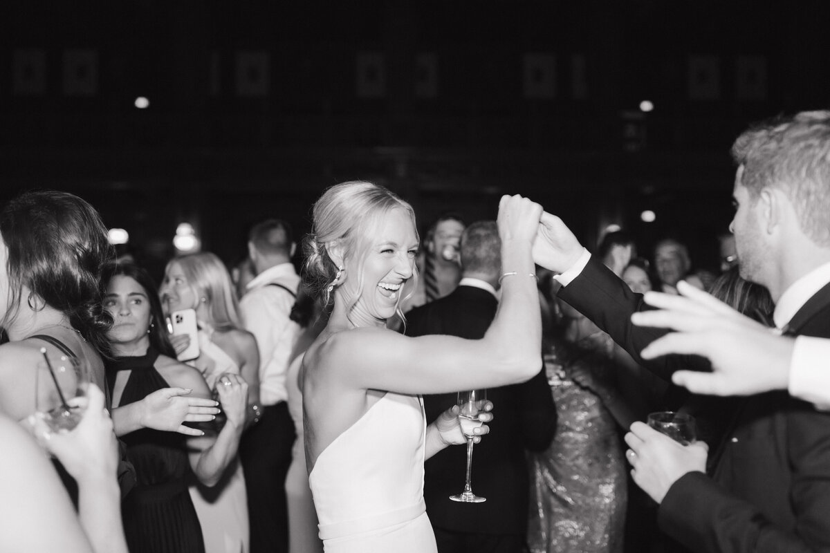 Black and white Indianapolis candid wedding reception