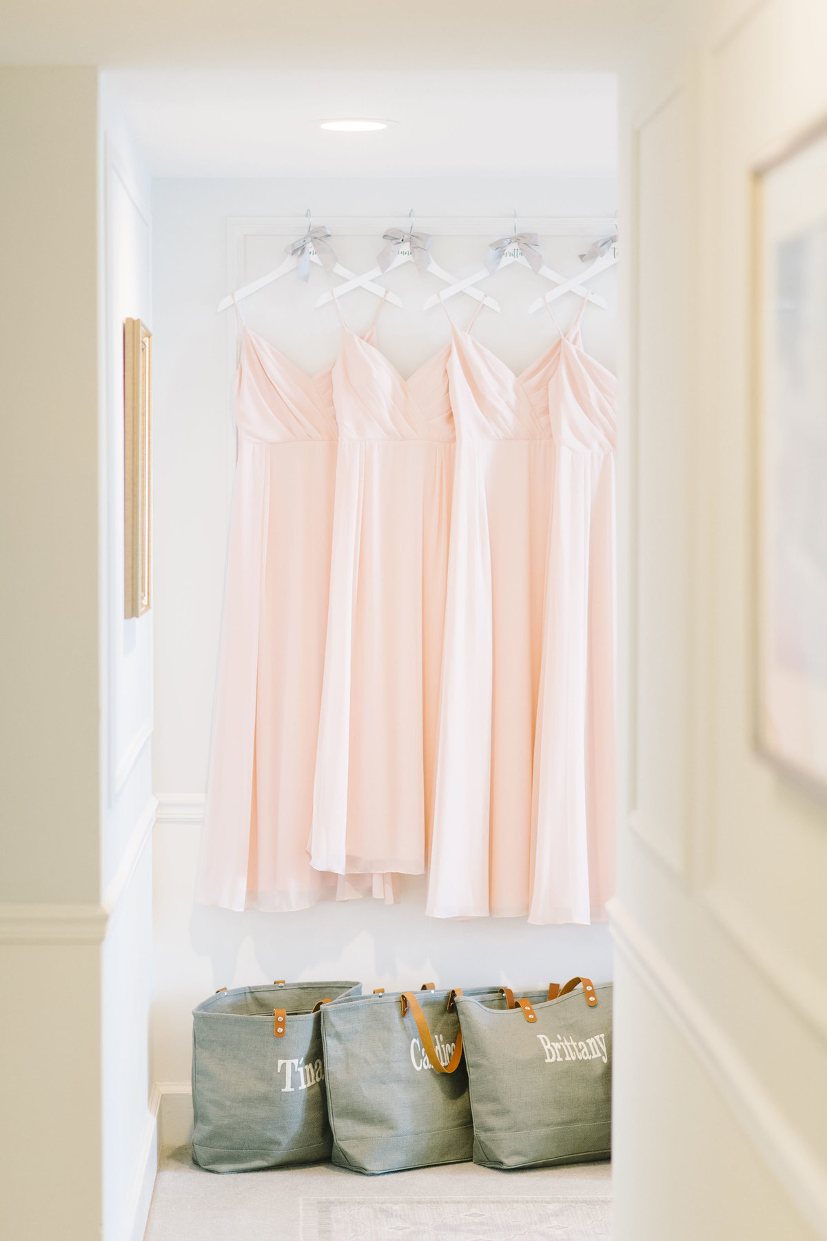 Blush Pink Bridesmaids Dress and Grey Custom Tote Bags