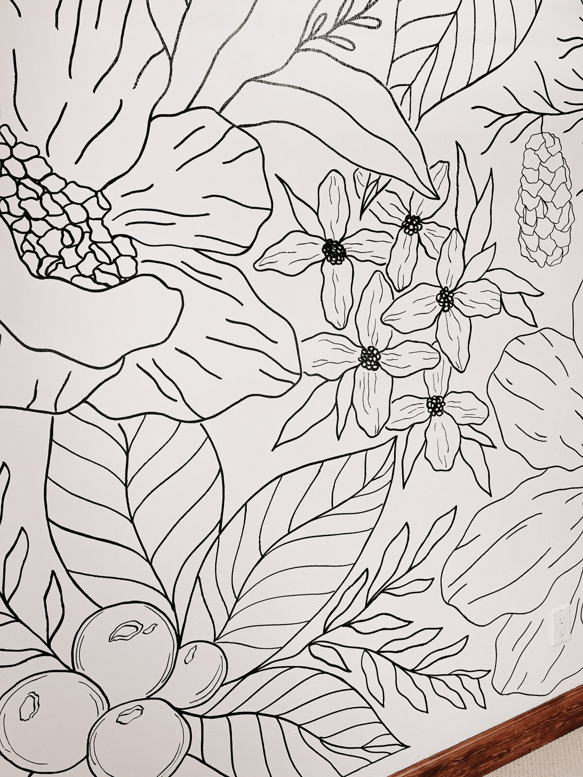 A wall in a home with modern floral drawings featuring berries and leaves representing full service design and calligraphy by Life in Letters.