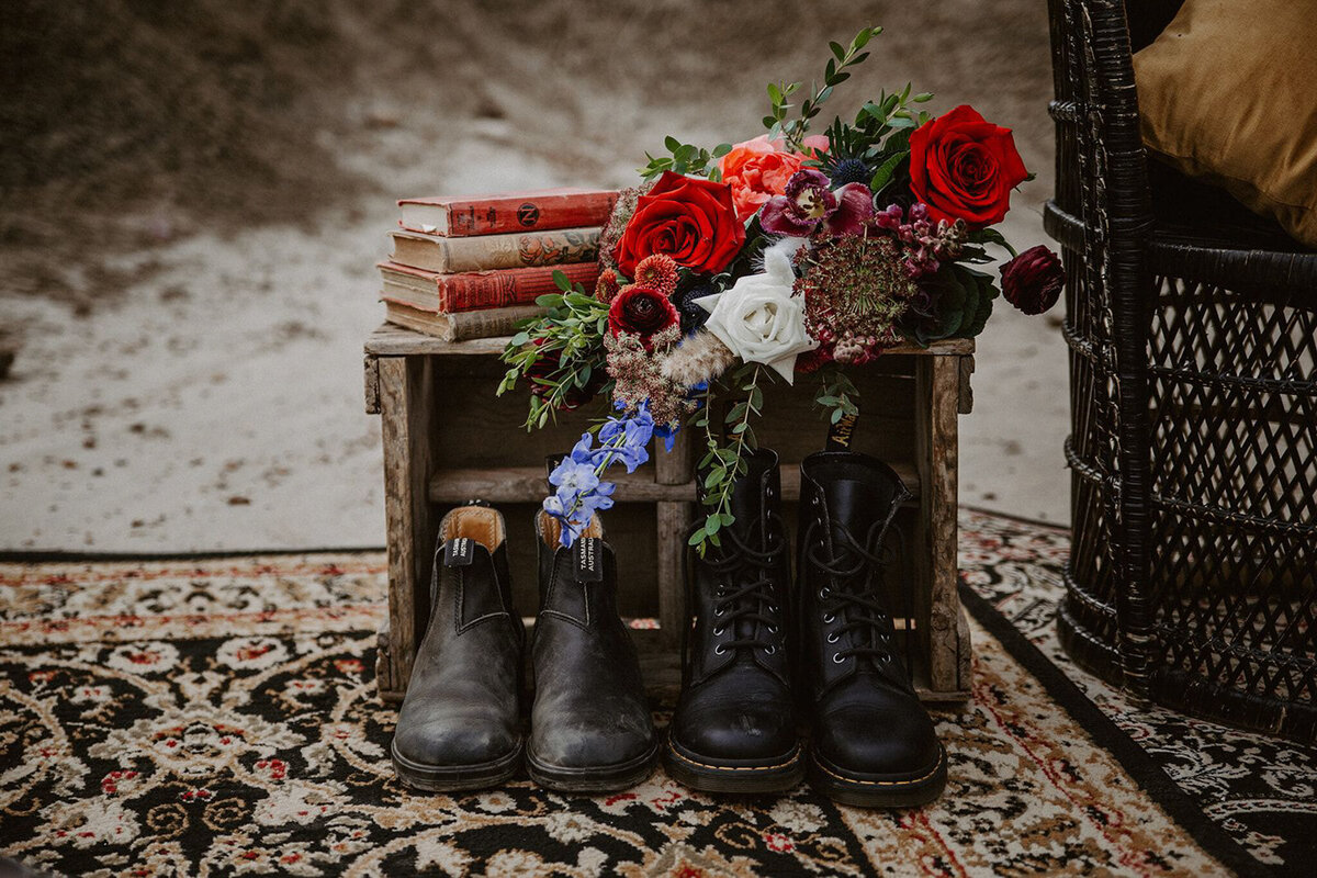 Classic bouquet featuring red roses by Hue Florals, artistic Calgary, Alberta wedding florist, featured on the Brontë Bride Vendor Guide.
