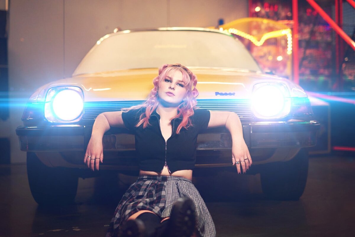 Edgy High School Senior Portrait Session With Vintage Car and Neon Lights-12