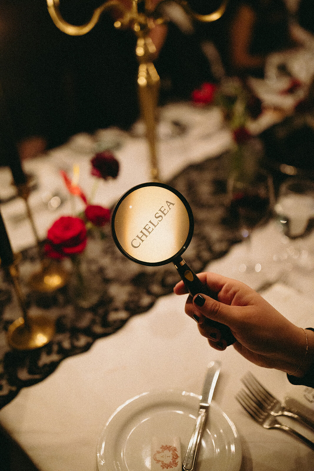 Magnifying Glass Place Card for a Murder Mystery Themed Wedding Dinner Rehearsal at The Fairmont Banff Springs, Calgary