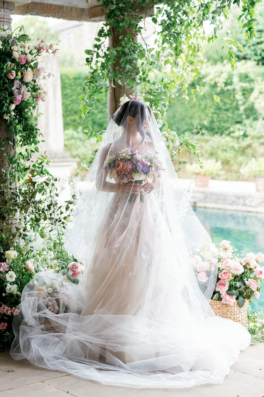 Bride in a tulle gown by Berta, for her destination wedding at Euridge Manor