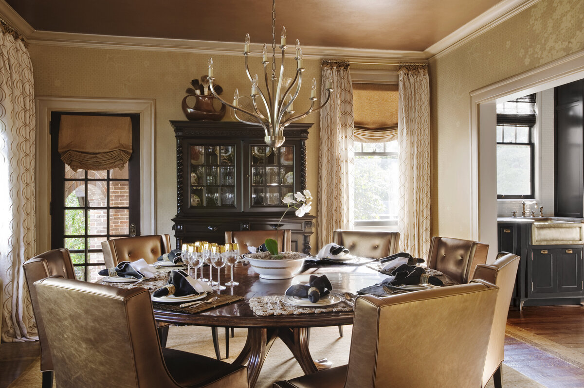 Panageries Residential Interior Design | Tudor Revival Estate Formal Dining Room with Leather Chairs and Whimsy Chandelier