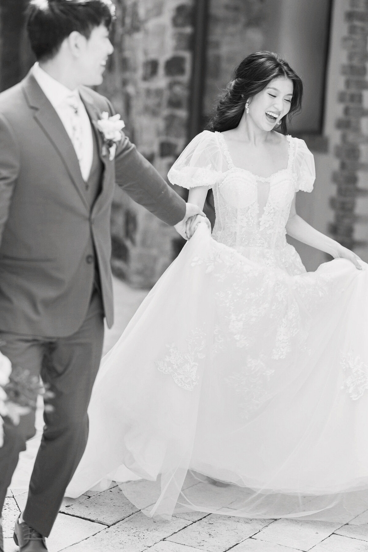 bride and groom running
