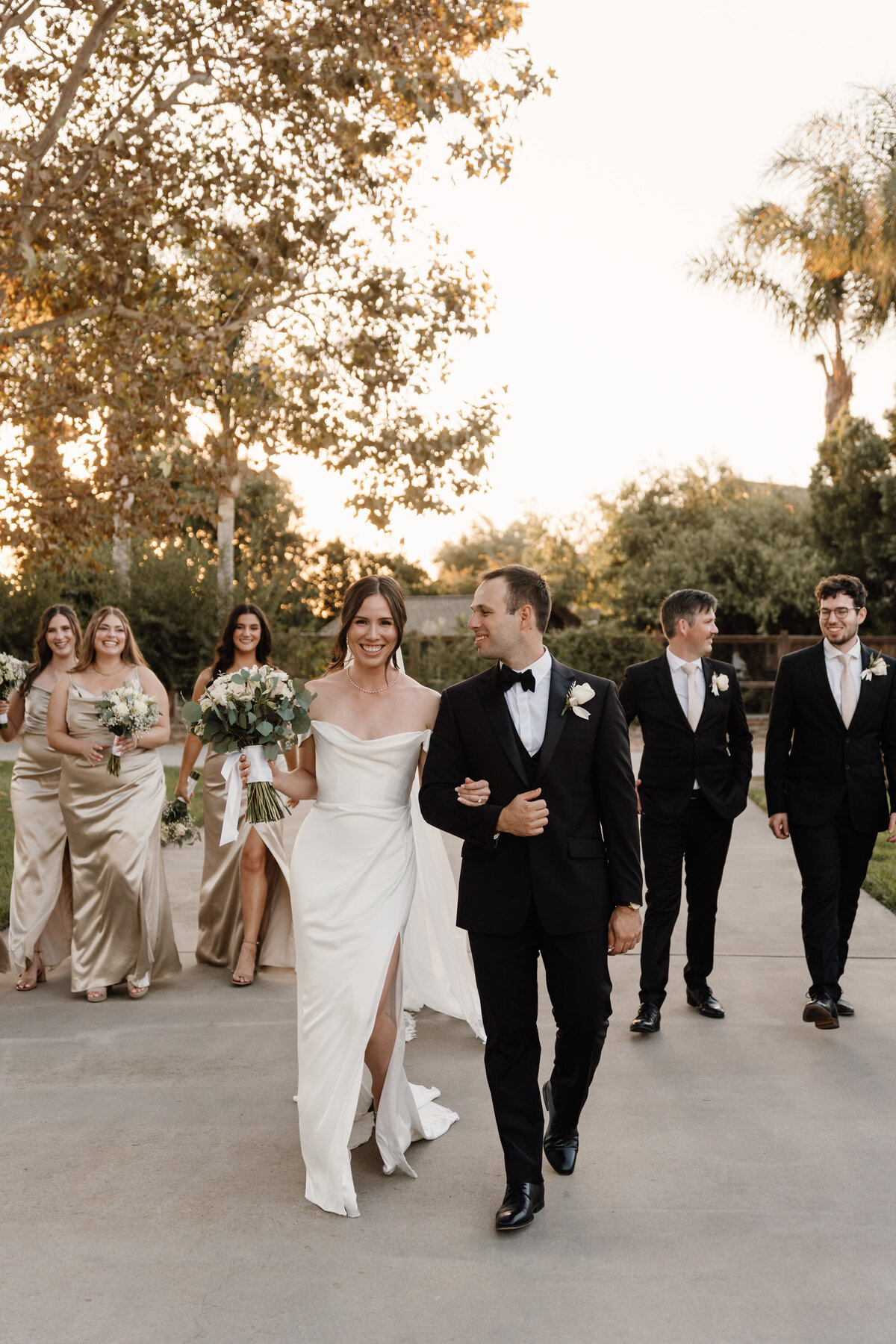 bridesmaids and groomsmen walking with bride and groom