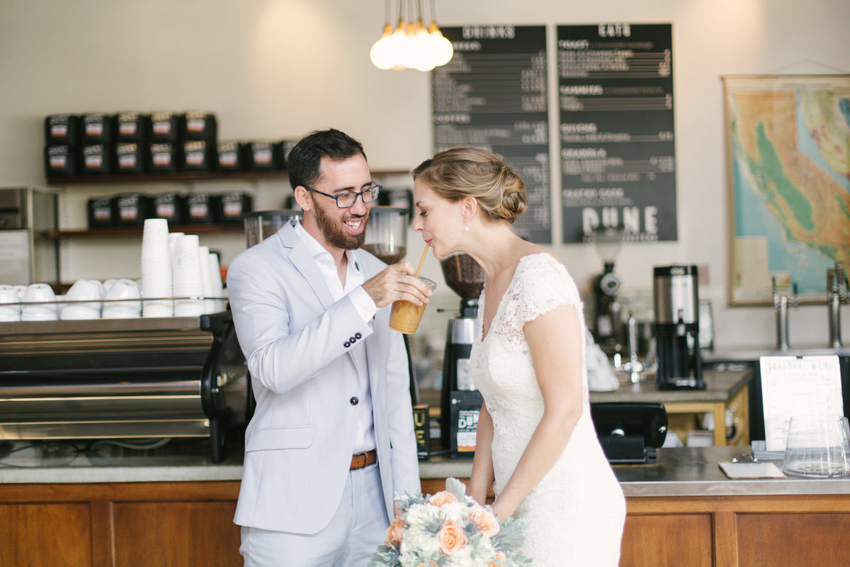 Bride and Groom at French Press Coffee after Santa Barbara Courthouse wedding