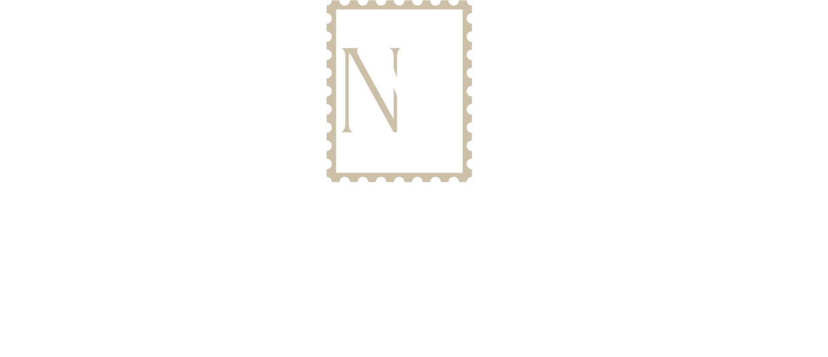White text logo that reads Nico Marie Photography with a brandmark on top of it that looks like a stamp with an N and an M inside of it