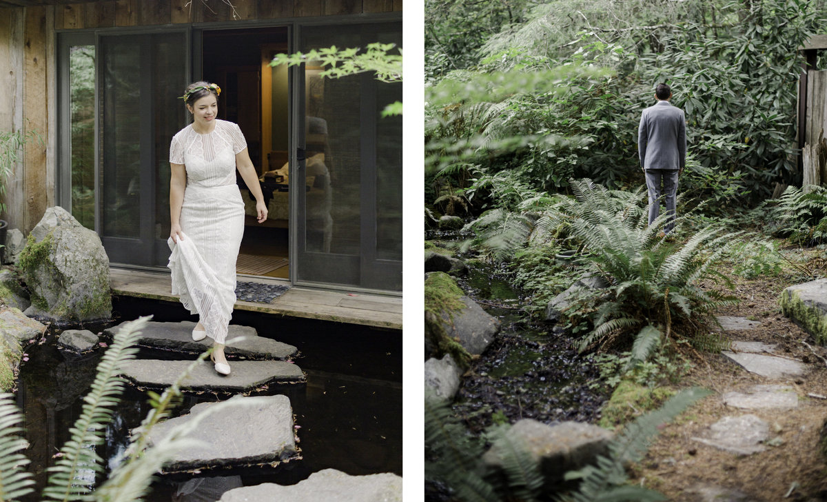 two photos one of bride walking out of bridal suite across rocks of peace pond and another of groom standing along path with back turned for first look