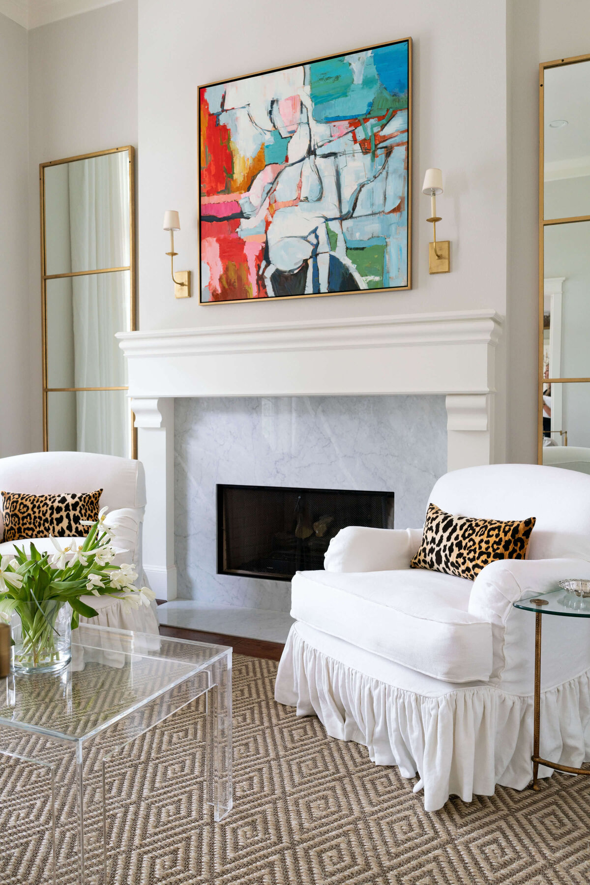 oyster creek studios heathcott abstract art on top of fireplace mantle