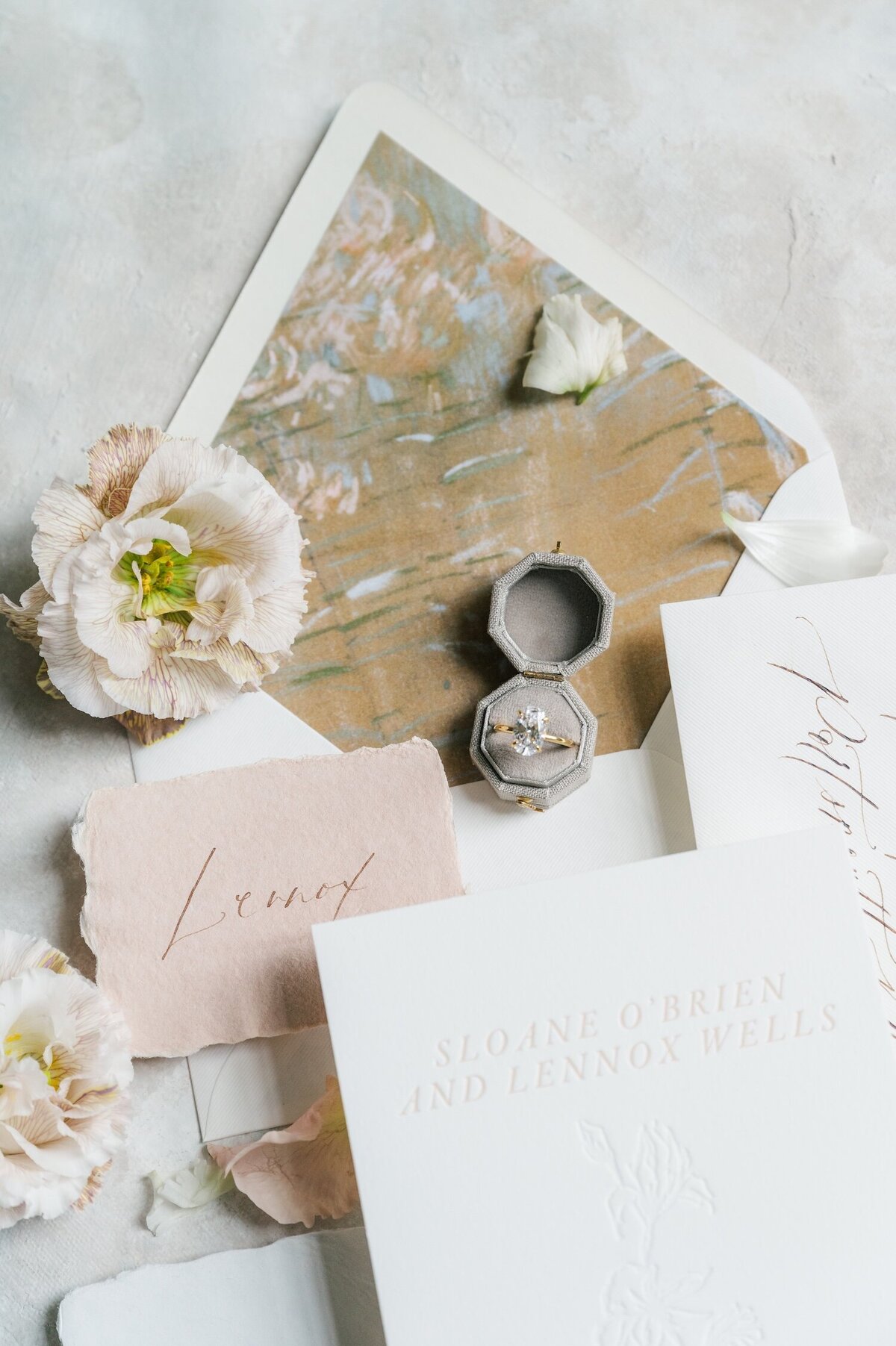 A close up wedding flat lay. 