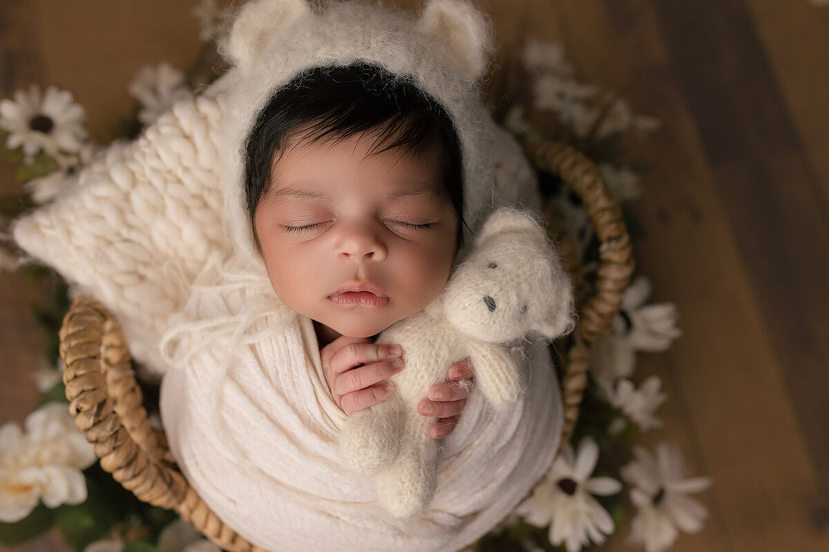 baby wrapped up in basked surrounded by florals, photo taken by hamilton newborn photographer Jordyn Bosschaert - White Orchid Photography