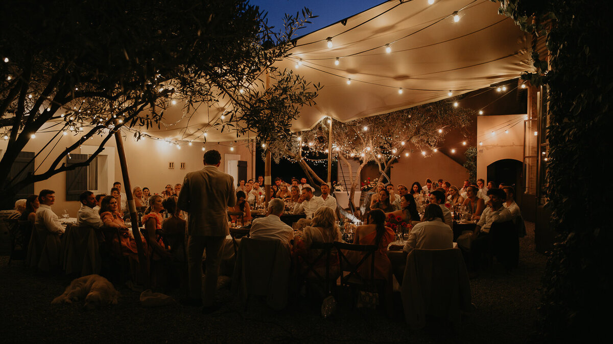 Speeches during blue hour at Chateau Canet in Carcassonne. 