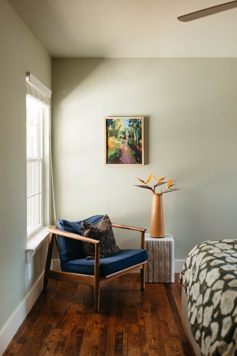 Classic, colorful bedroom with unique pieces designed by Hope Miriam Designs in DFW