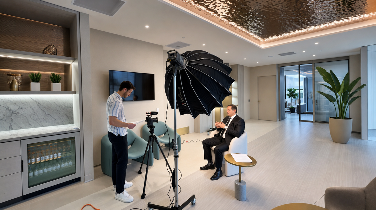 Luma Media crew filming a long-form interview in a Houston practice lobby