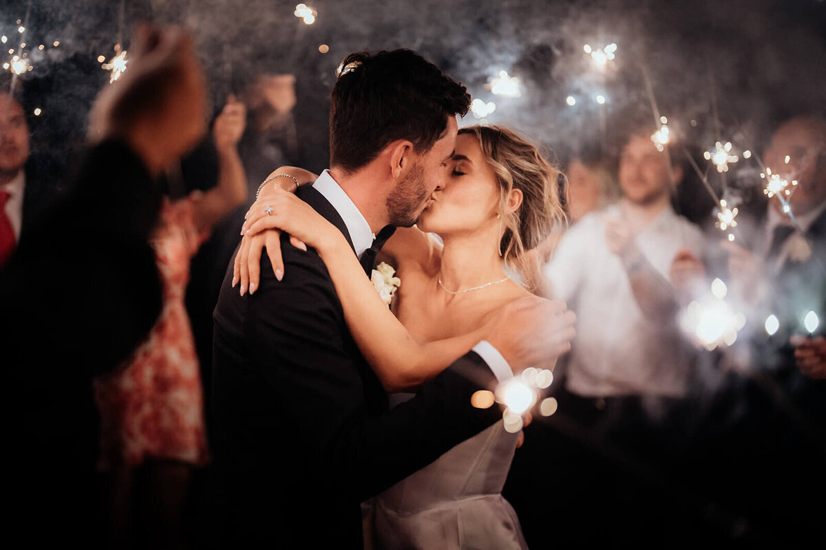 Bride and Groom kissing with sparklers