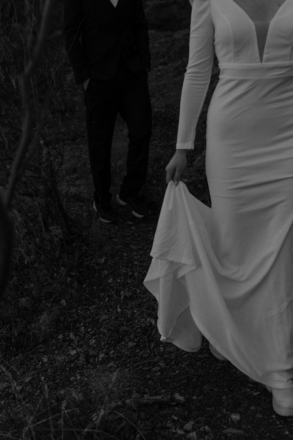 Close up of elopement couple hiking 